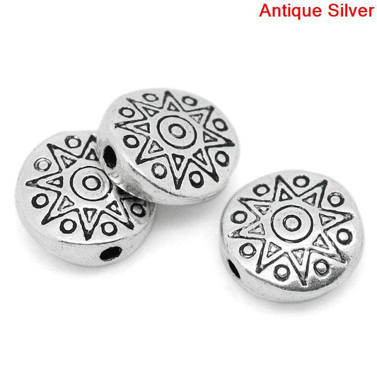 BD268 - 10 pcs Antique Silver Star Sun Disk Spacer Charm Beads - 10mm - Hole Size: 1.4mm
