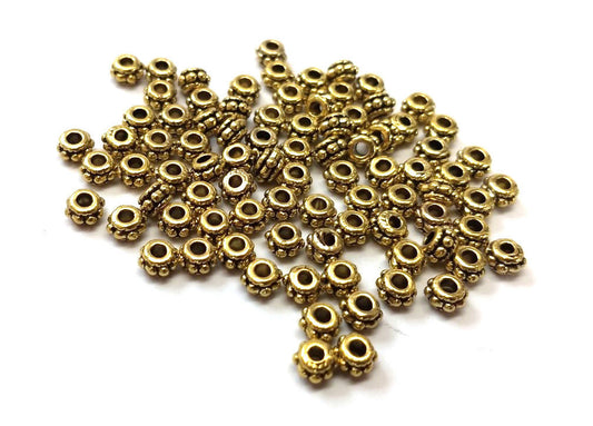 BD679 - 100 pcs Antique Gold Tone Filigree Carved Rondelle Spacer Beads- 5mm x 3mm - Hole Size: 1.8mm
