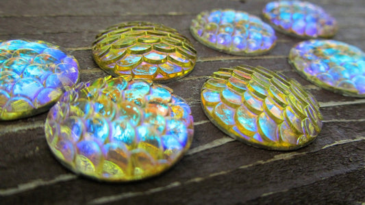 CA446 - 10 pcs Mermaid Fish Scales Resin Carved Embellishment Cabochons Yellow Orange AB - 16mm (5/8 in)