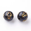 BD352 - 100 pcs Black Acrylic Round Spacer Beads - 10mm (0.39") - Gold Plated Cross Design - Hole Size: 2mm
