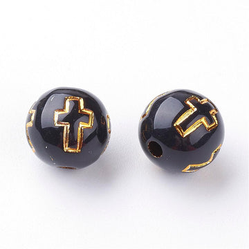 BD352 - 100 pcs Black Acrylic Round Spacer Beads - 10mm (0.39") - Gold Plated Cross Design - Hole Size: 2mm