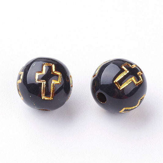 BD352 - 100 pcs Black Acrylic Round Spacer Beads - 10mm (0.39") - Gold Plated Cross Design - Hole Size: 2mm