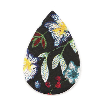P228 - 10 pcs. Black Multicolor Floral Embroidered Faux Leather Dangle Charms Pendants - Teardrop - 56mm (2.2") - Double Sided