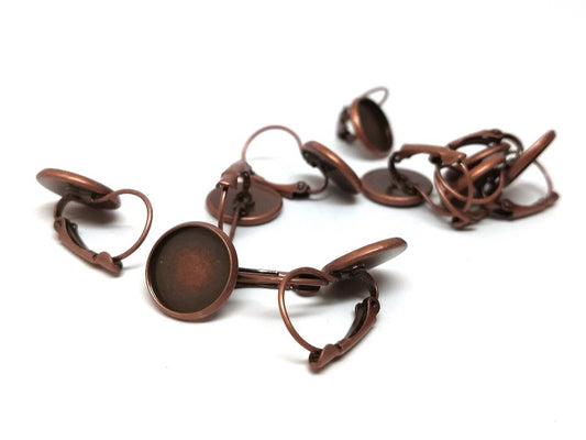E311 - 10 pcs. Antique Copper Earring Clips Settings Lever Back Bezels Cabochons - 12mm Glue Pad Setting