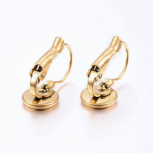 E373A - 10 pcs. (5 pairs) 304 Stainless Steel Golden Earring Clips Settings Lever Back Bezels Cabochons - 10mm Glue Pad Setting
