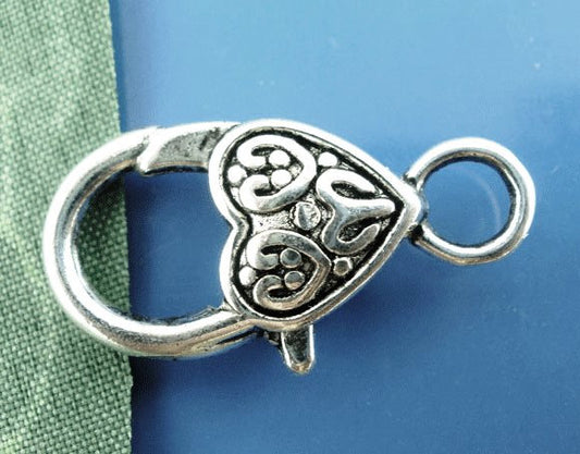 CL145 - 20 pcs. Antique Silver Heart Lobster Clasps - 17mm x 9mm (0.67 inch) - Claw Clasps