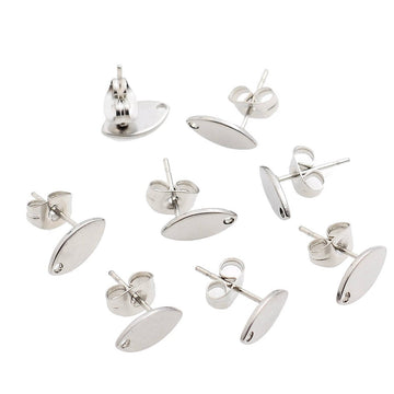 E742 - 10 pcs. (5 pairs) 304 Stainless Steel Oval Earring Posts/Bases/Studs/Settings with Backs - 10mm x 5.5mm - Hole for Dangles - Silver Tone