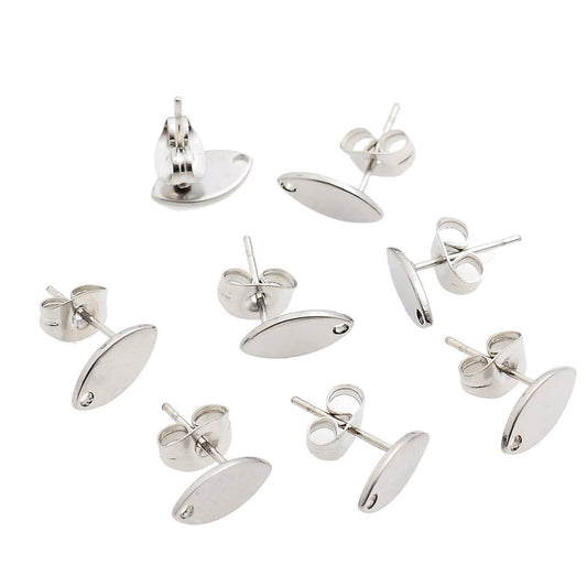 E742 - 10 pcs. (5 pairs) 304 Stainless Steel Oval Earring Posts/Bases/Studs/Settings with Backs - 10mm x 5.5mm - Hole for Dangles - Silver Tone