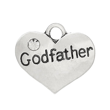 P076 - 4 pcs. Antique Silver "Godfather" charm with rhinestone - 17mm X 14mm