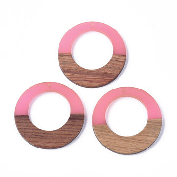 P2201 - 4 pcs. Pink Clear Resin and Wood Hoop Flat Pendant - 49mm - (1.93")- LARGE - Great for Earrings and Necklaces!