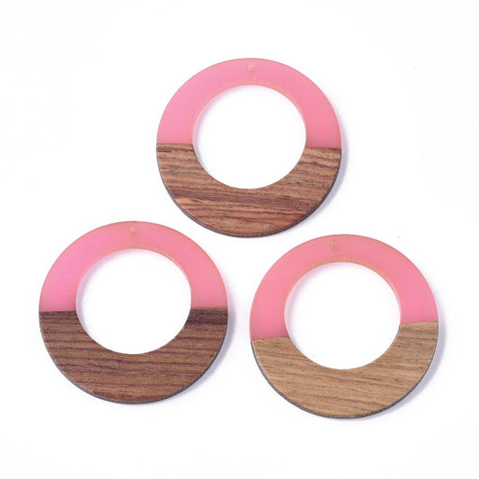 P2201 - 4 pcs. Pink Clear Resin and Wood Hoop Flat Pendant - 49mm - (1.93")- LARGE - Great for Earrings and Necklaces!