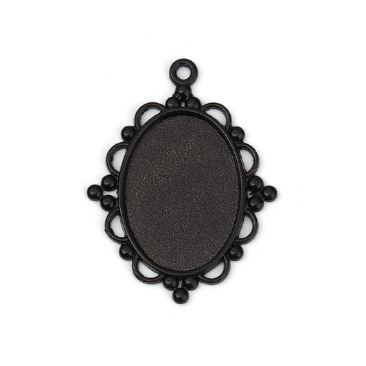 P1171 - 10 pcs. Black Plated Oval Pendant Picture Photo Frame Bezel Tray Setting Pendants Charms - Fits 25mm x 18mm - 25x18mm - Cabochons / Cameos