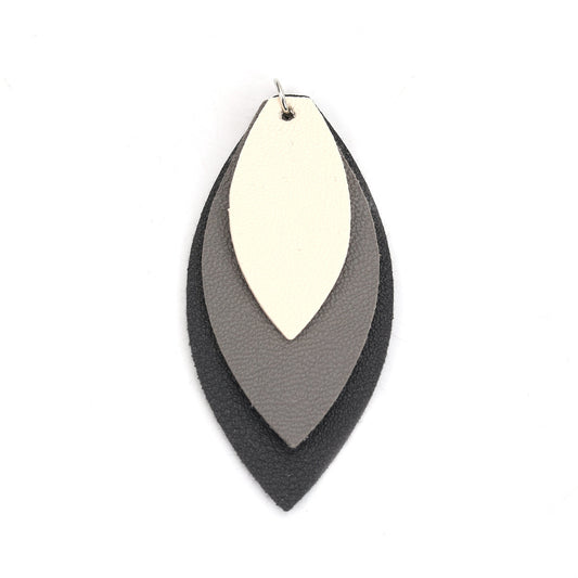 P910 - 10 pcs. Black Gray Beige Faux Leather Dangle Charms Pendants - Leaf - Triple Layer - 71mm (2.8") - Great for Light Earrings or Dangles