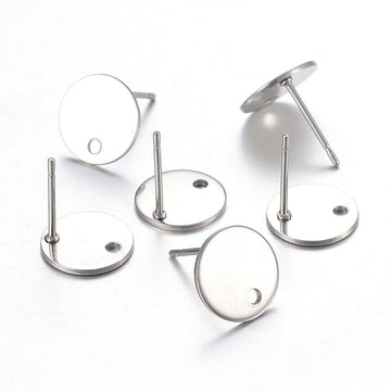 E488 - 10 pcs. (5 pairs) 304 Stainless Steel Silver Tone Earring Posts/Bases/Studs/Settings - 8mm Length - 8mm Diameter - Hole Size: 1mm