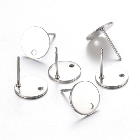 E488 - 10 pcs. (5 pairs) 304 Stainless Steel Silver Tone Earring Posts/Bases/Studs/Settings - 8mm Length - 8mm Diameter - Hole Size: 1mm
