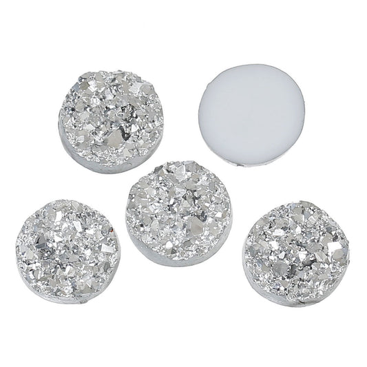 CA154 - 10 pcs Druzy Resin Embellishment Cabochons Silver - 12mm Diameter - Circle - 3.6mm Thick