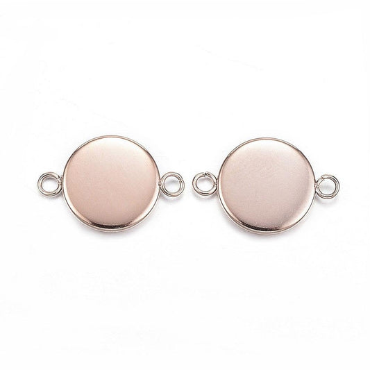 P782 - 10 pcs. 304 Stainless Steel Rose Gold Plated Circle Round Bezel Cabochon Cameo Connector Tags Trays - 10mm Glue Pad - Tarnish Resistant