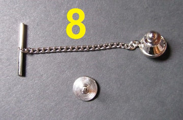 TC037B - 8 Sets - Silver Tone Tie Tacks (Spring Loaded Clutch and Chain)
