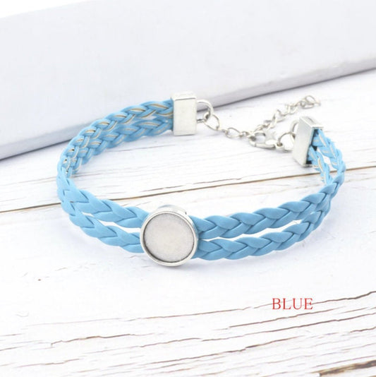 B075 - 2 pcs. Light Blue Faux Leather Bracelets with 12mm Glue Pad Bezel Trays and Extender Chains - Adjustable from 7" to 9" - Double Braided Cord