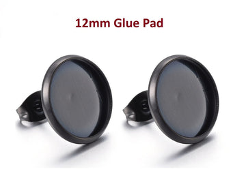 E766 - 10 pcs. 304 Stainless Steel Gunmetal Black Earring Posts Studs Settings Bezels Cabochons Tacks - 12mm Glue Pad Setting