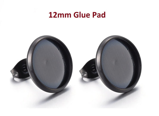 E766 - 10 pcs. 304 Stainless Steel Gunmetal Black Earring Posts Studs Settings Bezels Cabochons Tacks - 12mm Glue Pad Setting