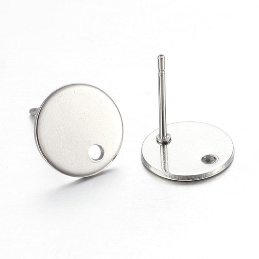 E488 - 10 pcs. (5 pairs) 304 Stainless Steel Silver Tone Earring Posts/Bases/Studs/Settings - 8mm Length - 8mm Diameter - Hole Size: 1mm