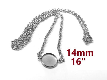 N195 - 3 pcs. 304 Stainless Steel Silver Tone Chain Necklaces - 16" (40.7cm) - 14mm Bezel - Tarnish Resistant!