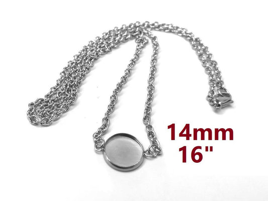 N195 - 3 pcs. 304 Stainless Steel Silver Tone Chain Necklaces - 16" (40.7cm) - 14mm Bezel - Tarnish Resistant!