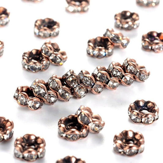 BD576 - 20 pcs Antique Copper Clear Rhinestone Rondelle Spacer Beads - 6mm x 3mm - Grade AAA - Hole Size: 1mm - Curved Edge - Wavy Edge