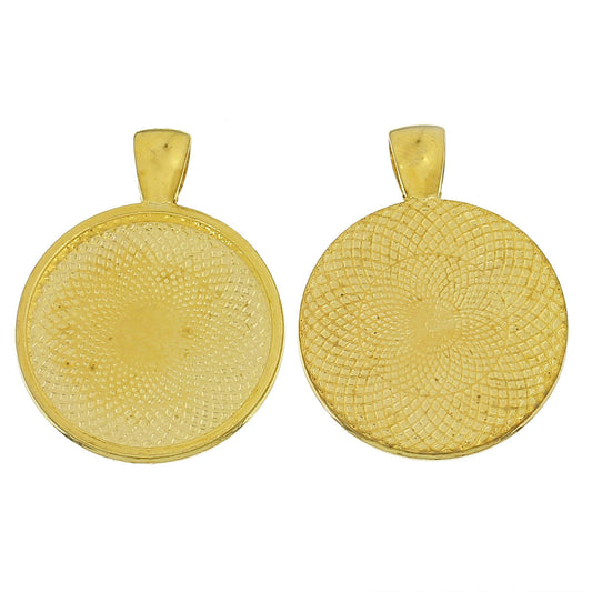 P701A - 2 pcs. Gold Plated Pendant Trays Circle Posts Settings Bezels Cabochons - 25mm Glue Pad Setting (1 inch)