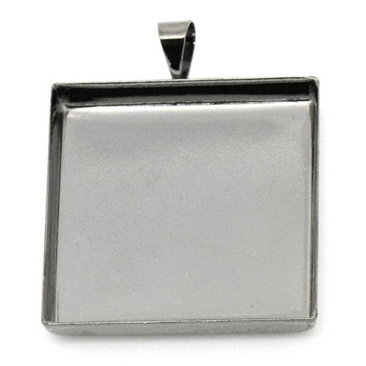 P492 - 10 pcs. Gunmetal Pendant Square Posts Frame Settings Bezels Cabochons Tags Trays - 25mm Glue Pad Setting (1 inch) - 32mm x 26mm