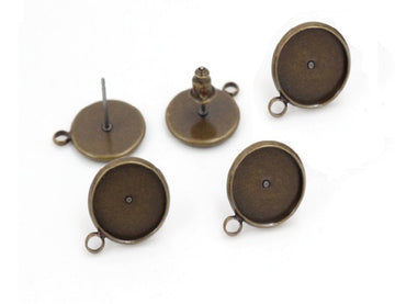 E446 - 10 pcs. Antique Bronze Earring Posts Studs Settings Bezels Cabochons Tacks with Loop - 14mm Glue Pad Setting