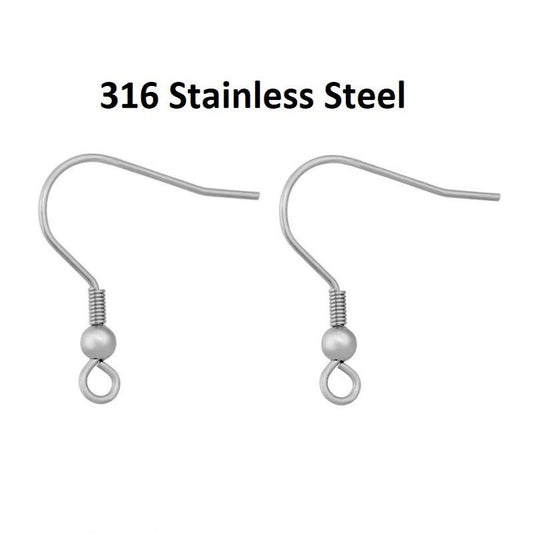 E799 - 50 pcs. 316 Surgical Stainless Steel Silver Tone French Earring Hooks with Spring and Ball - 22mm - 3mm Ball - 25 Gauge (0.5mm Thick)