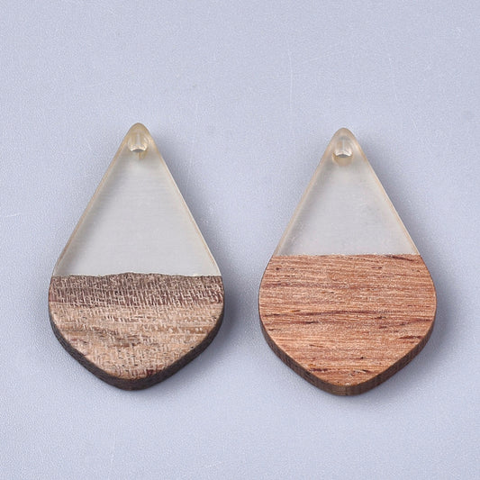 P1082 -4 pcs. Clear Resin and Wood Teardrop Flat Pendant - 28mm x 18mm - (1.1" x 0.71") - SMALL - Great for Earrings and Necklaces!