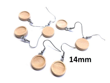 E540 - 10 pcs. 304 Stainless Steel Silver Tone Earring Dangle Hooks Settings Bezels Cabochons - 14mm Glue Pad Setting - Wood Trays