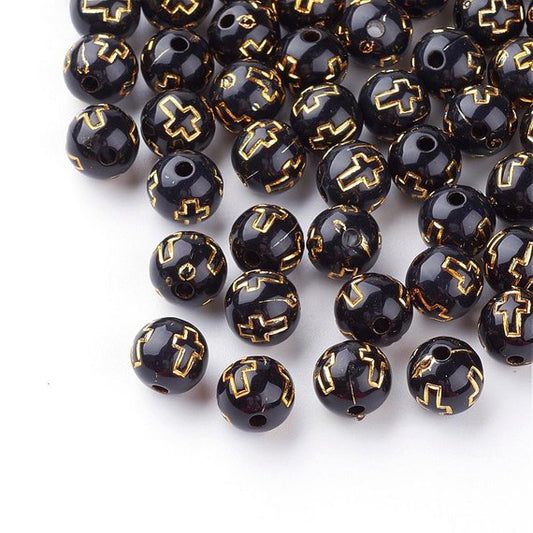 BD352 - 100 pcs Black Acrylic Round Spacer Beads - 10mm (0.39") - Gold Plated Cross Design - Hole Size: 2mm