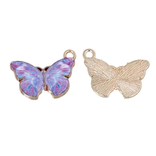 P611 - 10 pcs. Gold Plated Multicolored Purple Butterfly Charms Pendants - 20mm x 15mm - Hole Size: 1.6mm - Butterflies