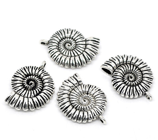P524B - 1 pc. LARGE - 1.46 in - Antique Silver Tone Beach Spiral Shell Charms Pendants - 37mm x 27mm (1.46 in x 1.06 in)