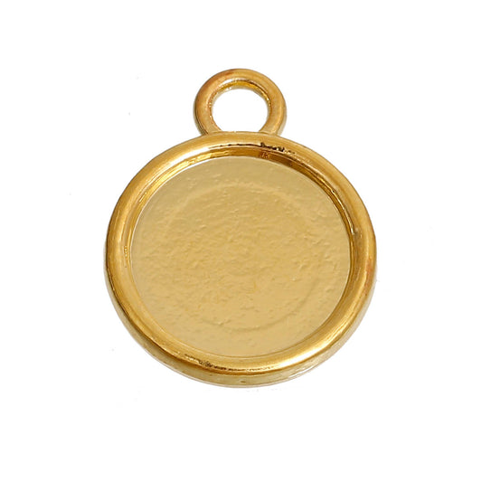 P340 - 10 pcs. Gold Plated Circle Round Bezel Cabochon Pendant Tags Trays - 12mm Glue Pad - 18x14mm - Single Loop - Made of Alloy!