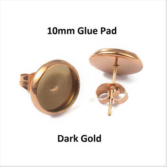 E366 - 10 pcs. 304 Stainless Steel Dark Gold Plated Earring Posts Studs Settings Bezels Cabochons Tacks- 10mm Glue Pad Setting - with Stoppers!