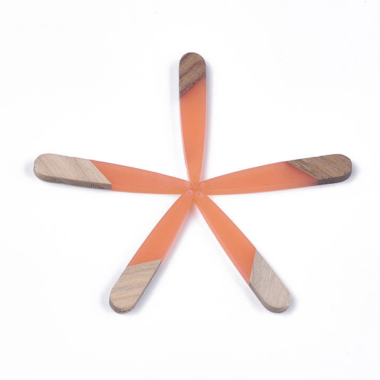 MP0016 - 4 pcs. Orange Resin and Wood Teardrop Flat Pendant - 44mm x 8mm - (1.73" x 0.32") - Great for Earrings and Necklaces!