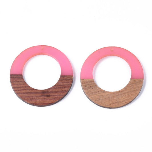 P2201 - 4 pcs. Pink Clear Resin and Wood Hoop Flat Pendant - 49mm - (1.93")- LARGE - Great for Earrings and Necklaces!