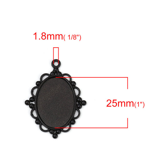 P1171 - 10 pcs. Black Plated Oval Pendant Picture Photo Frame Bezel Tray Setting Pendants Charms - Fits 25mm x 18mm - 25x18mm - Cabochons / Cameos