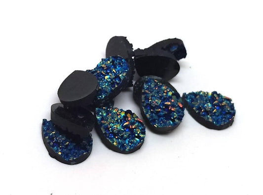 CA957 - 10 pcs Druzy Resin Embellishment Cabochons Blue Multicolor - 14x10mm - Teardrop - 14mm x 10mm - 2.3mm Thick