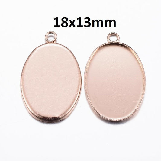 P1011 - 10 pcs. 304 Stainless Steel Oval Bezel Cabochon Pendant Trays - Smooth - 18mm x 13mm Glue Pad - Rose Gold - Tarnish Resistant!