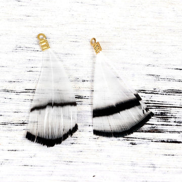 P783 - 10 pcs Black and White Dangle Charms Pendants - Feather - Gold Plated Crimps - 40mm (1.6") - Great for Light Earrings, Necklaces or Dangles
