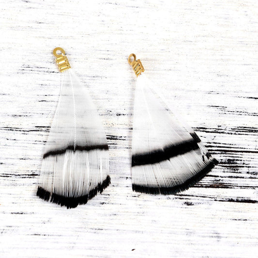 P783 - 10 pcs Black and White Dangle Charms Pendants - Feather - Gold Plated Crimps - 40mm (1.6") - Great for Light Earrings, Necklaces or Dangles