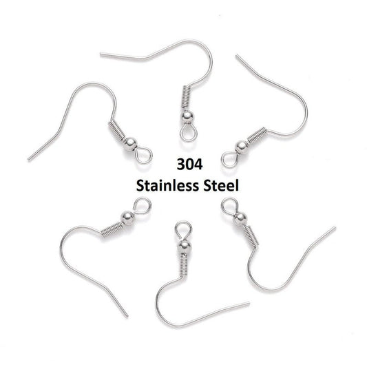 E800 - 100 pcs. 304 Stainless Steel Silver Tone French Earring Hooks with Spring and Ball - 22mm - 3mm Ball - 21 Gauge (0.7mm Thick)