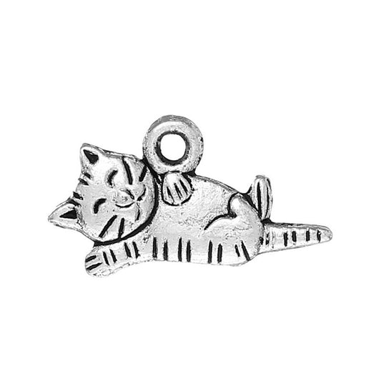 P593A - 100pcs. Antique Silver Cat Laying Charms Pendants - 20mm X 11mm