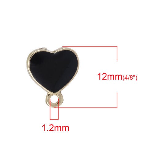 E707 - 10 pcs. Gold Plated with Black Enamel Heart Earring Posts Studs with Loop Cabochons Tacks- 12mm x 11mm Base - 14mm Length - Hole Size: 1.2mm